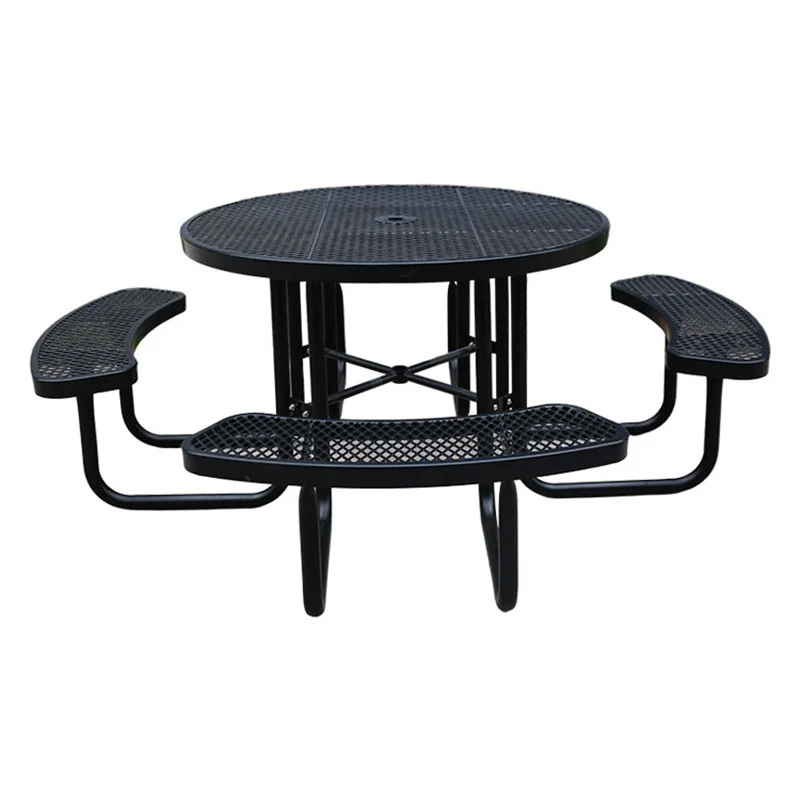 Outdoor furniture commercial 8-seat round steel picnic table restaurant metal dining table and chair set with umbrella hole