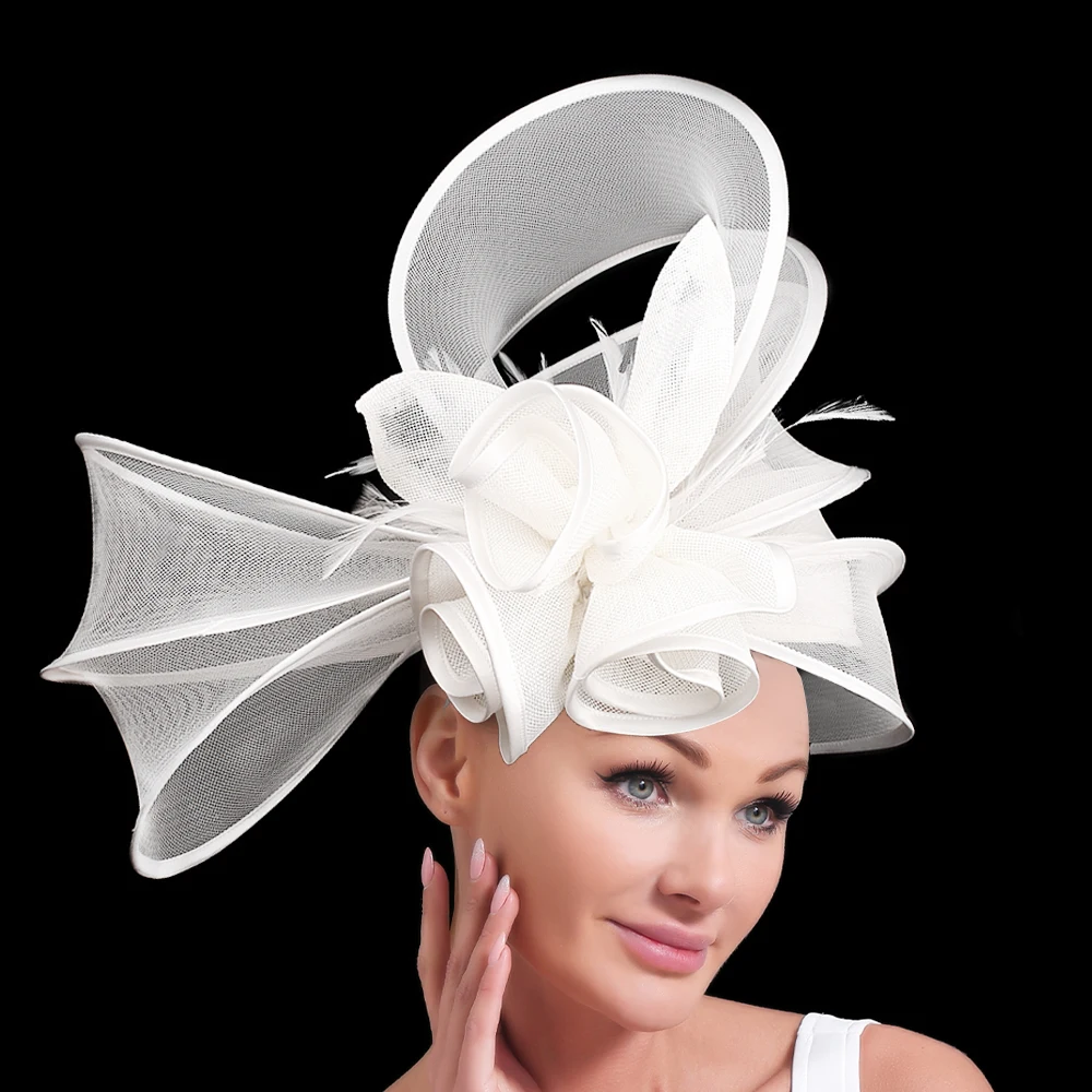 Beige Millinery Caps With Headbands Accessories Imitation Sinamay Derby Cocktail Hat Women Bridal Hair Fascinators Feather Fancy view 4