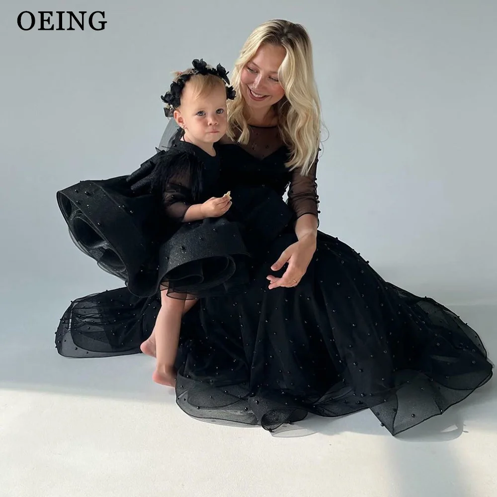 OEING Black Mother And Daughter Tulle Prom Dress Simple Sweetheart Tea Length Party Dresses Full Sleeves A Line Event Gowns