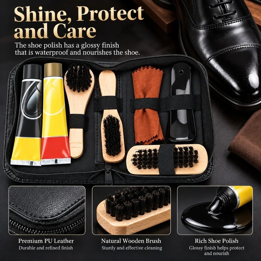 8PCS Durable Multi-Purpose Shoe Shine Care Kit Shoe Cleaning Neutral Color Polish Brushes Set Neutral Shoe Polish
