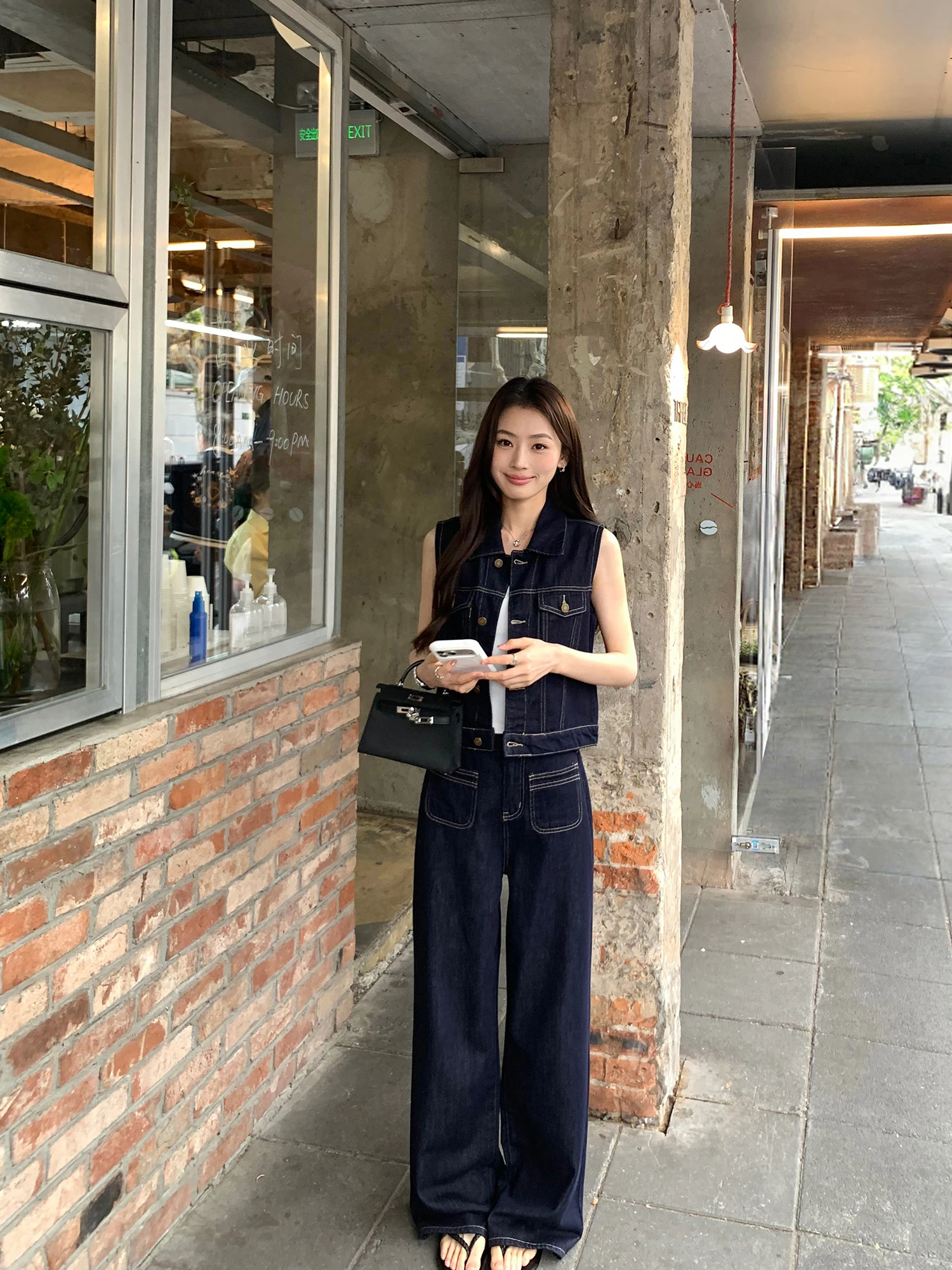 

Pusumede Holiday Denim Original Color Jeans Set Women's Vintage Collar Top Wide Leg Pants Two Piece Set Summer Fashion