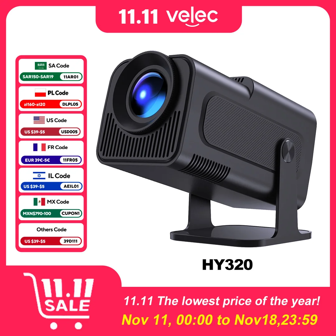 Projector HY320 Android 11 WiFi 6 BT 5.0 390ANSI Allwinner H713 Native 1080P 4K Supported Home Outdoor Mini Portable Projector