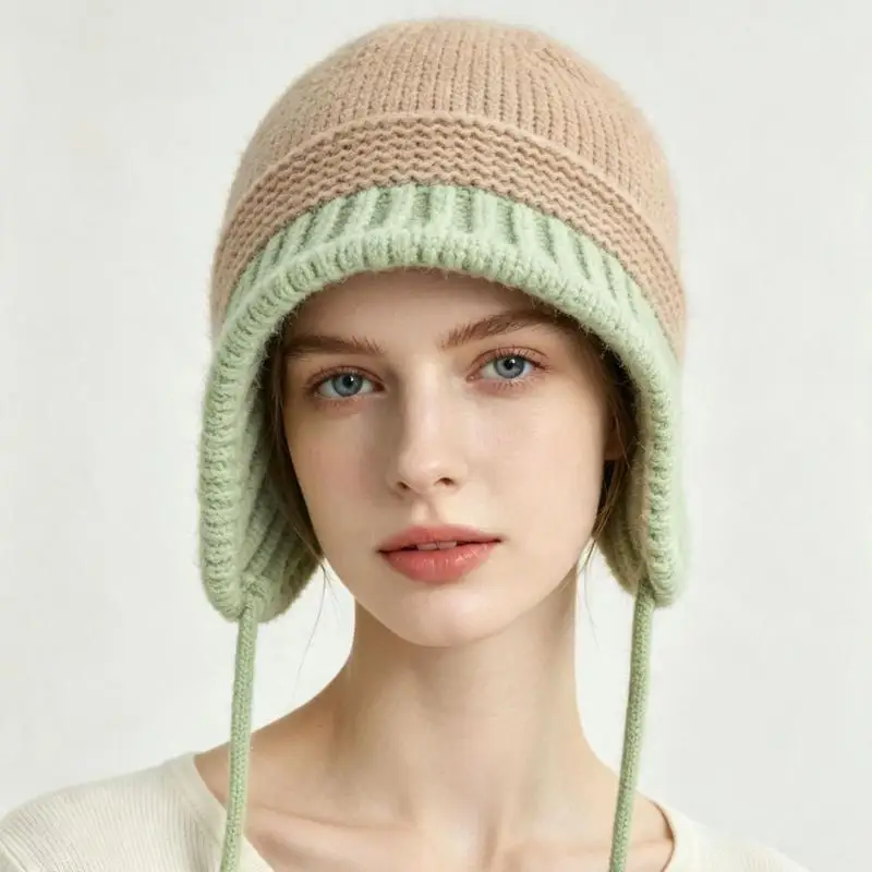 2026 Neue Y2K Herbst-Winter Warme Wollmütze für Damen, Modische Vintage Farbblock-Strickmütze mit Ohrenschutz, Vielseitige Faltbare Kappe – Detail 4