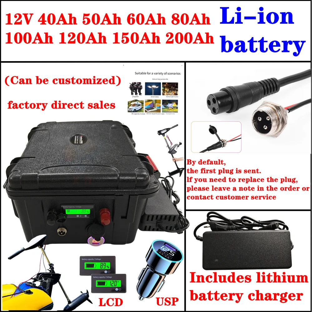 waterproof 12v 80Ah 100ah 60Ah 150Ah lithium battery 12v 200ah li ion for Trolling Motor Fishing Inflatable Boat camping EV