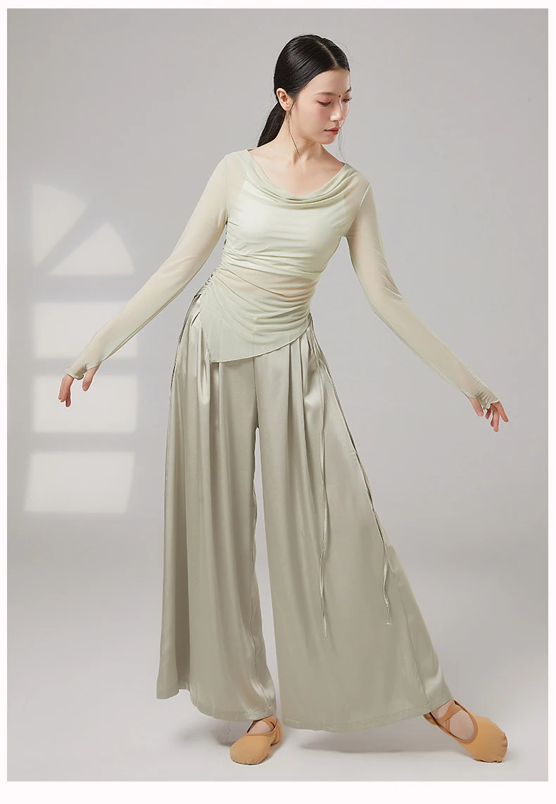 Klassische Tanzhose für Damen, weites Bein, lange Satinhose, Seitenbänder, modernes Tanz-Performance-Kostüm, Ballett-Trainingskleidung – Detail 5
