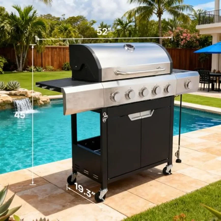 Upgraded 58, 500 BTU 5-Burner Stainless Steel Propane Gas Grill for Outdoor BBQ Side Burner, Porcelain Grates, Wheeled, Patio G