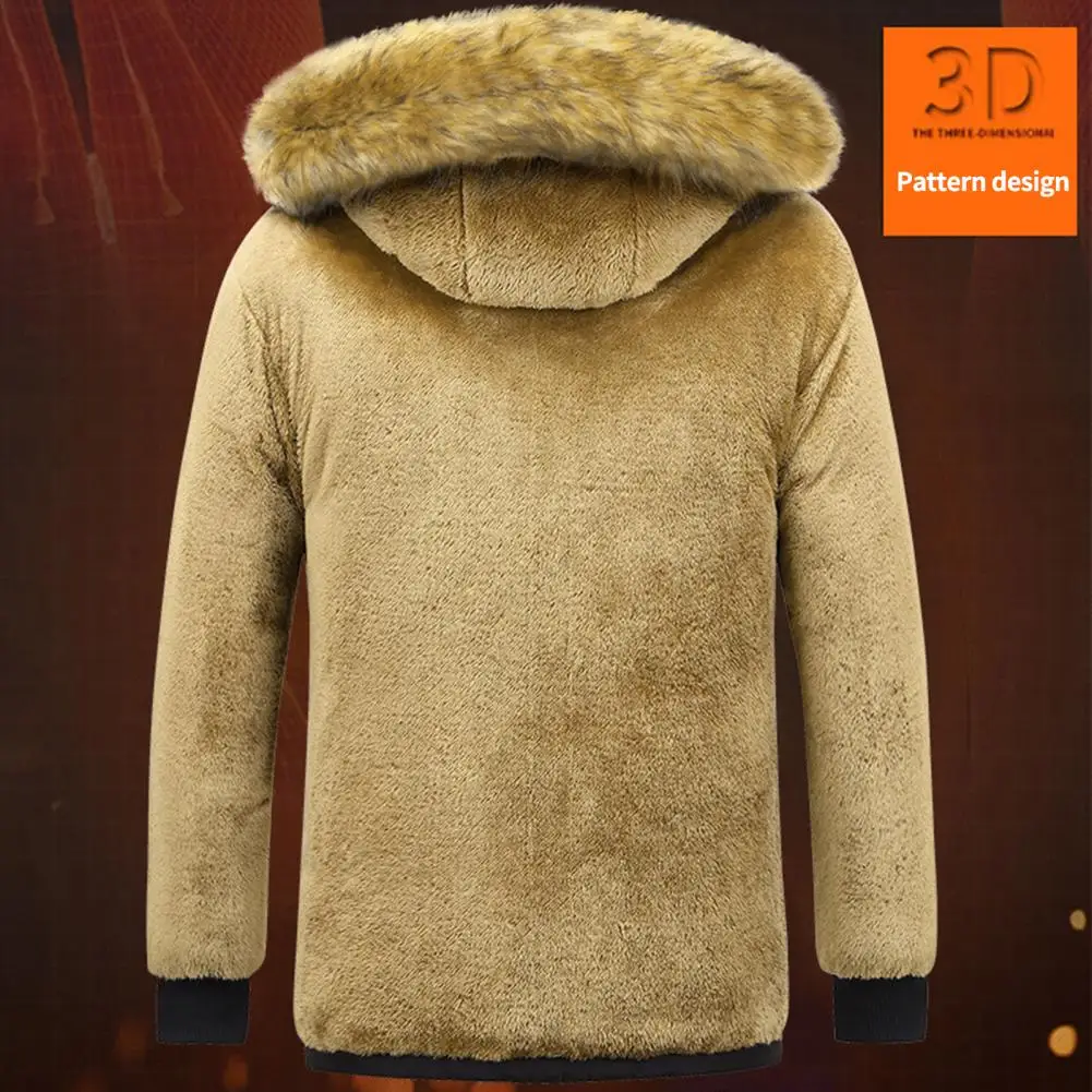 Men Winter Coat Parka Jacket Plush Hooded Lined Thicken Furry With Pockets Men Plus Size Warm Cotton Padded Coat Male Clothes