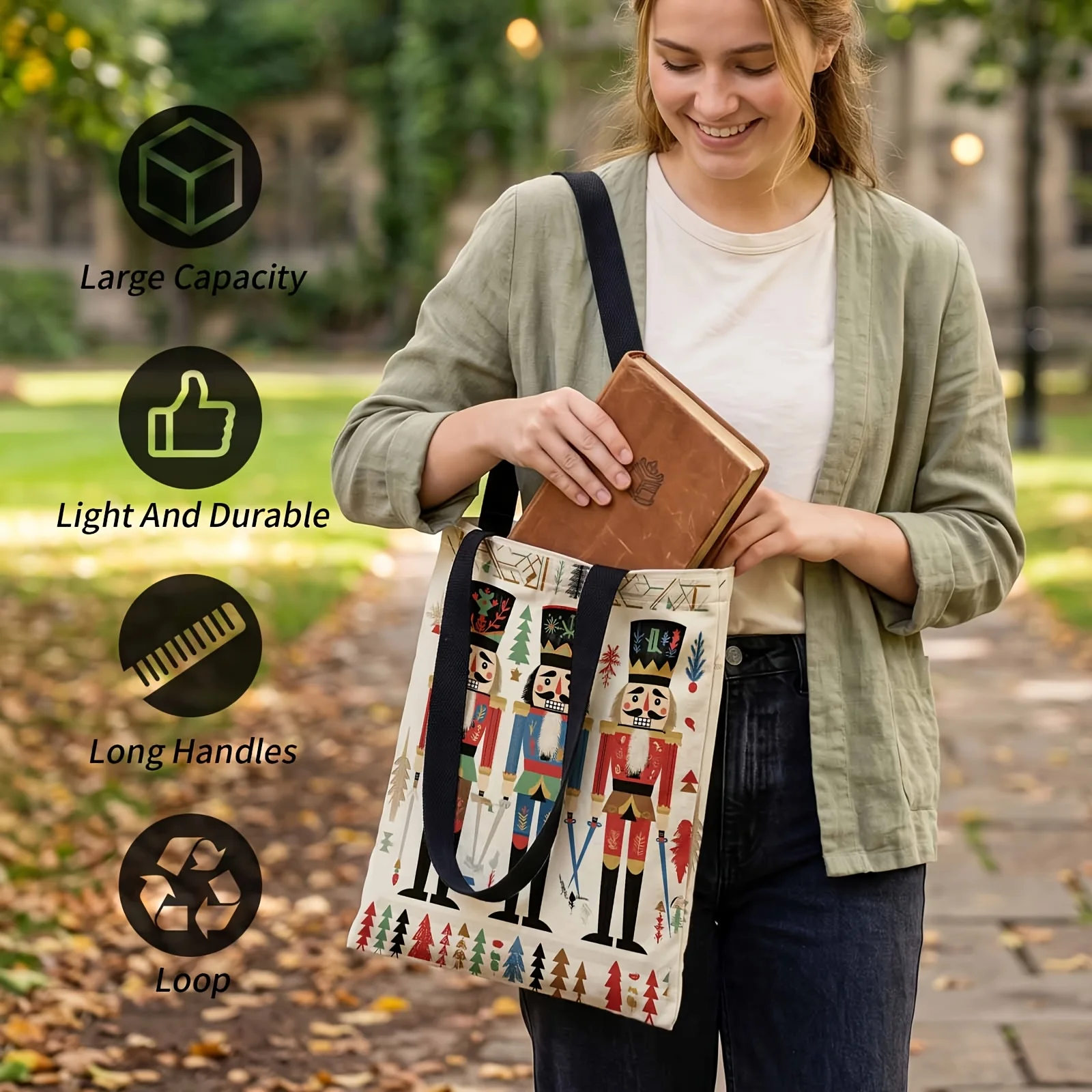 1pc 2D Printed Handbag with Nutcracker Trio Christmas Cheer Pattern Reusable Fashion Shoulder Bag Handbag Daily Commute Travel