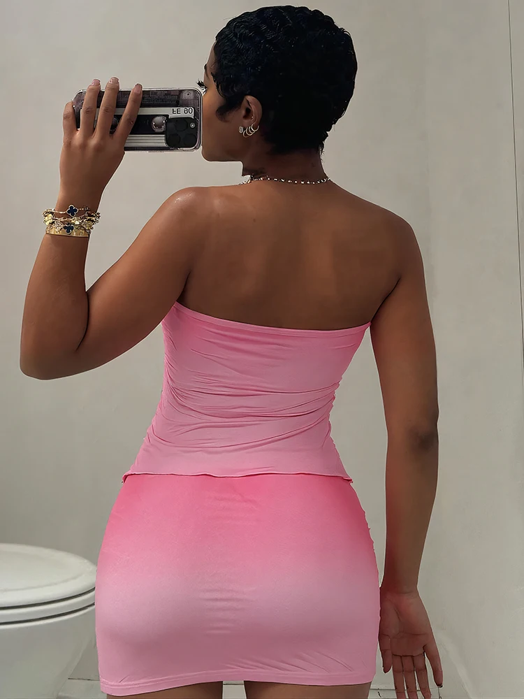 Nibber letni trend 2 częściowy zestaw kobieta nadruk gradientowy seksowny bez ramiączek nieregularny marszczony top + krótka spódniczka do klubu na imprezę pasujące garnitury