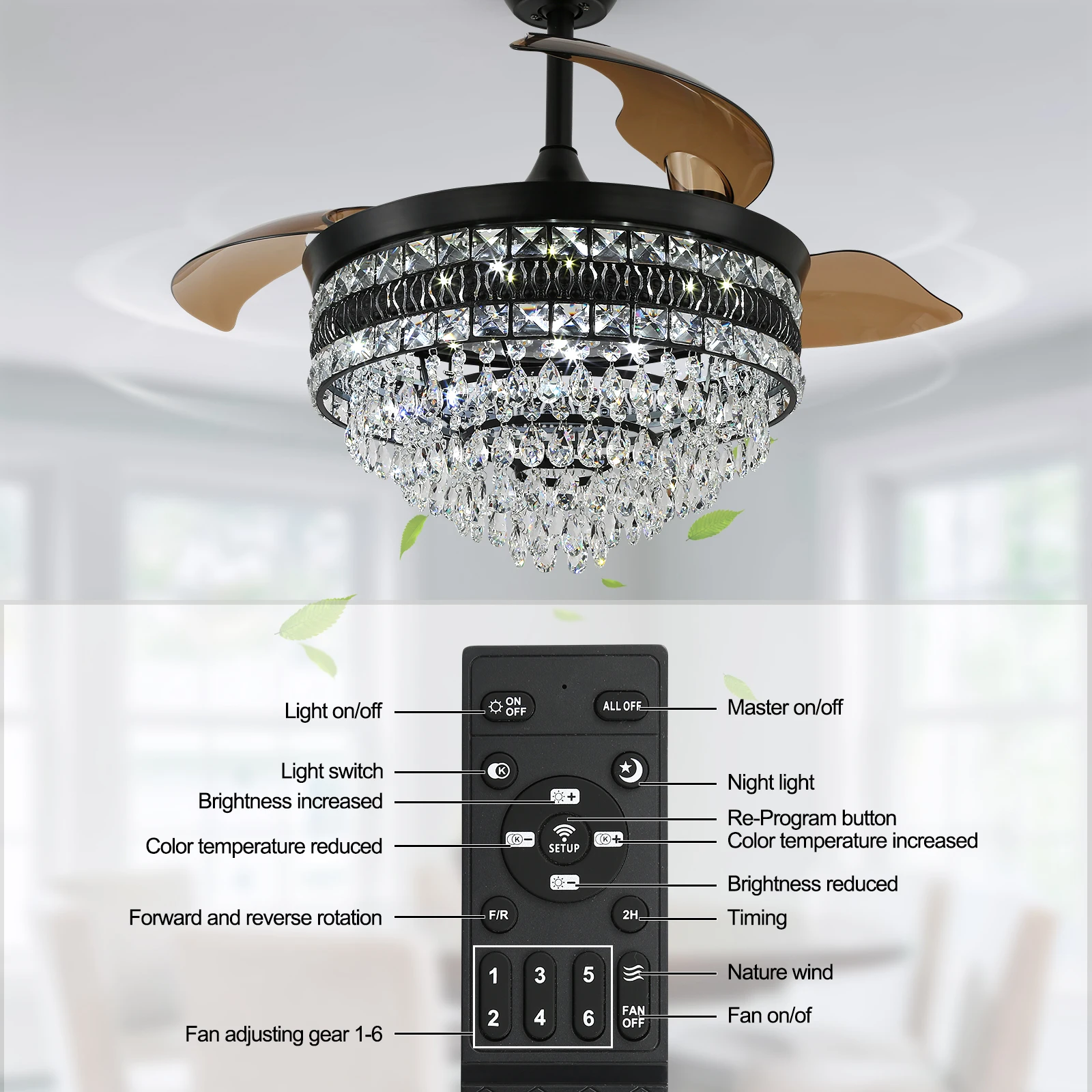 Modern Smart Ceiling Fan Chandelier Gold RC Adjustable 6 Speed Pendant Light Luminaire Bedroom 3 Heads Led Fandelier Lamp Indoor