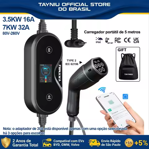 Carregador de Carro Elétrico TAYNIU 7kW 32A com Controle por APP, Wallbox TIPO 2 16A 3.5kW com Cabo de Carregamento de 5M para BYD, Kia, Nissan EVs
