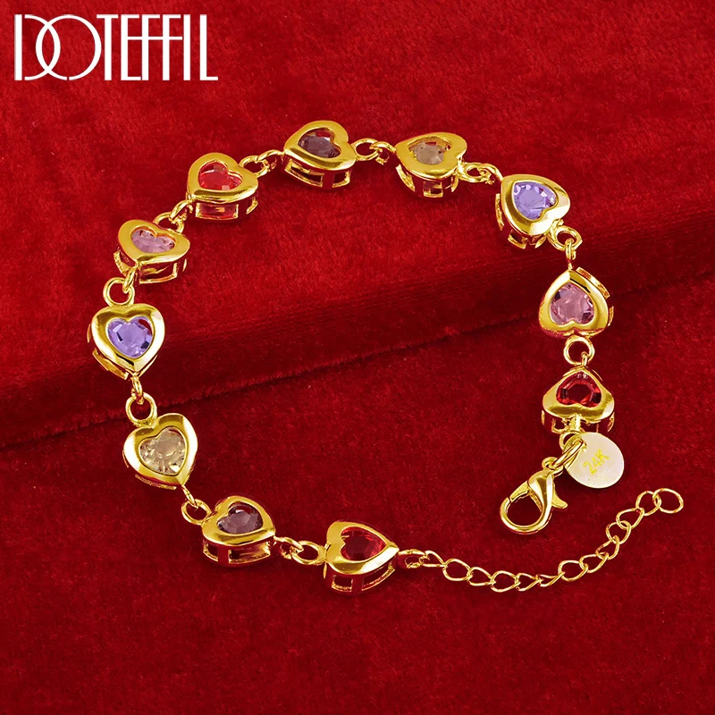DOTEFFIL 18K Gold Heart inlaid With Multi-color AAA Zircon Bracelet Chain For Woman Engagement Party Wedding Jewelry
