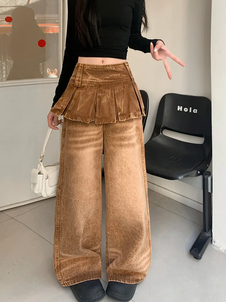 2026 Cyber Y2K Streetwear Vintage Braune Baggy Stacked Jeans für Damen – Weite Bein Denim-Hose Pantalon Femme – Detail 4