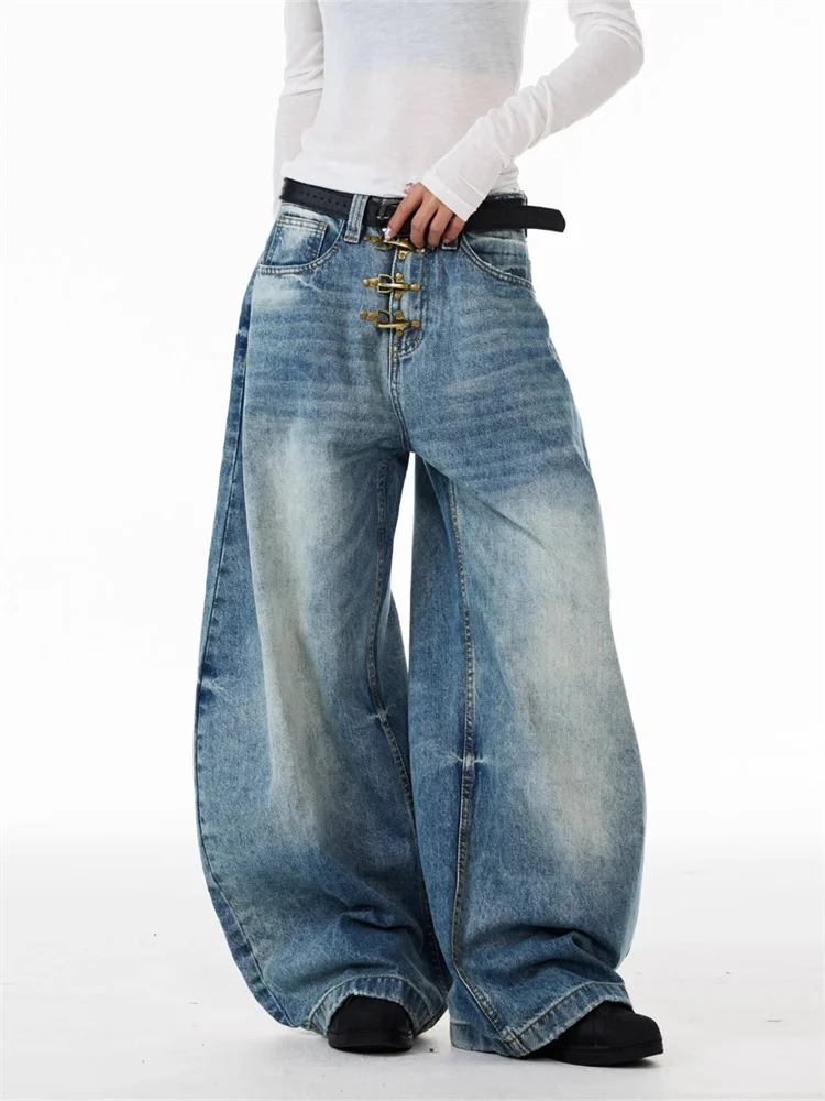 

Vintage Aviation Buckle Curved Hem Jeans Unisex Washed Relaxed Wide Leg Trousers Versatile Loose Fit Casual Denim Pants