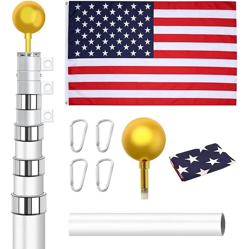 Flag Pole Kit, Heavy Duty Aluminum Telescopic Flagpole for Outside in Ground with American Flag and Ornament Ball for Yard