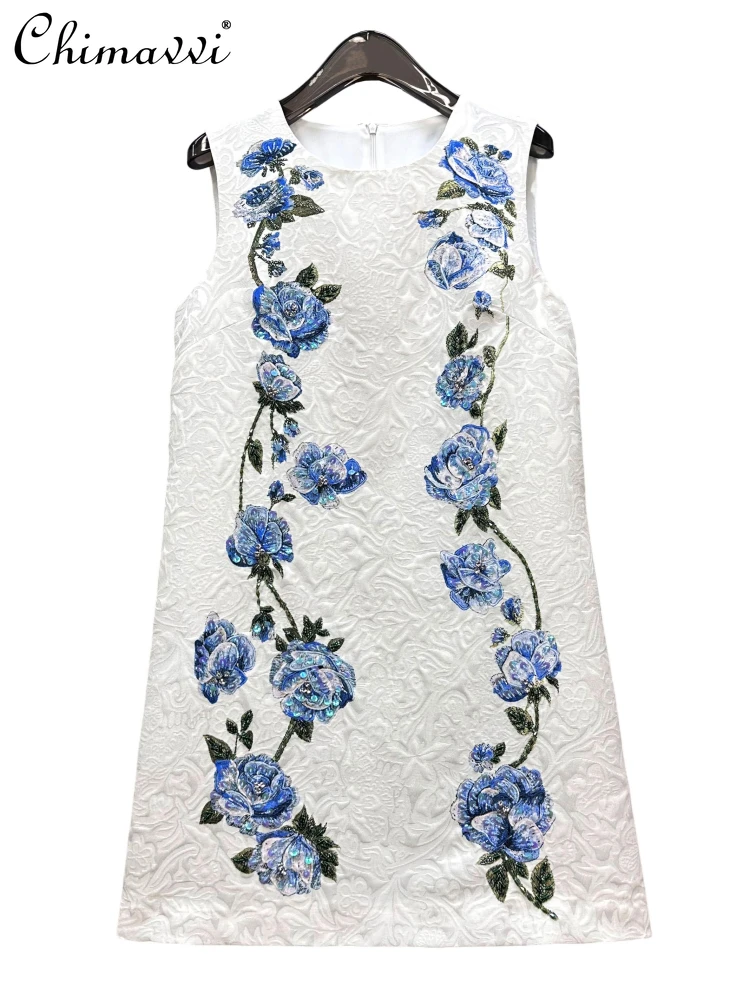 

French Elegant Temperament Dresses Fashion Printed Beaded Sequins Round Neck Sleeveless High Waist A-line Short Dress For Women