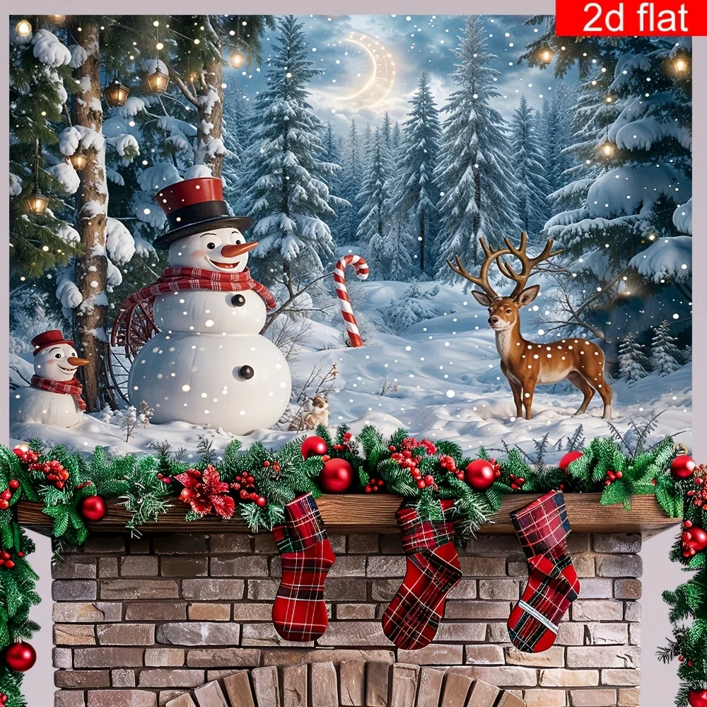 2D Flat, 1pc Festive Christmas Snowman & Reindeer Winter Wonderland Banner - Polyester, No Electricity Needed, Ideal for Home &