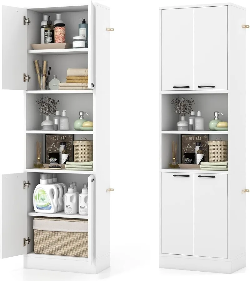 

75" Tall Bathroom Storage Cabinet, Bathroom Floor Cabinet with 4 Doors & 2 Open Shelves, 4 Anti-toppling Devices, Frees