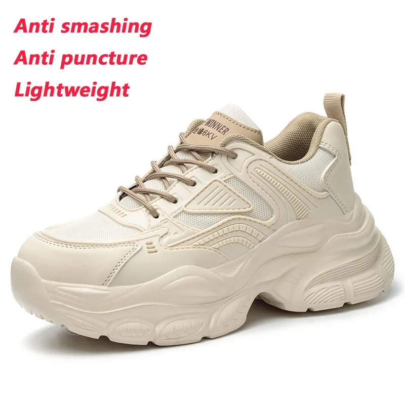 Scarpe antinfortunistiche da donna Beige alla moda scarpe isolanti con punta in acciaio di plastica leggera traspirante Sneakers