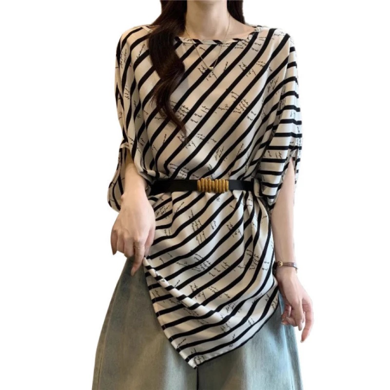 

Spring Summer Large Size Chiffon Shirt Women 2025 New Fshion Loose Casual Stripe Waistband Temperament Blouses Female