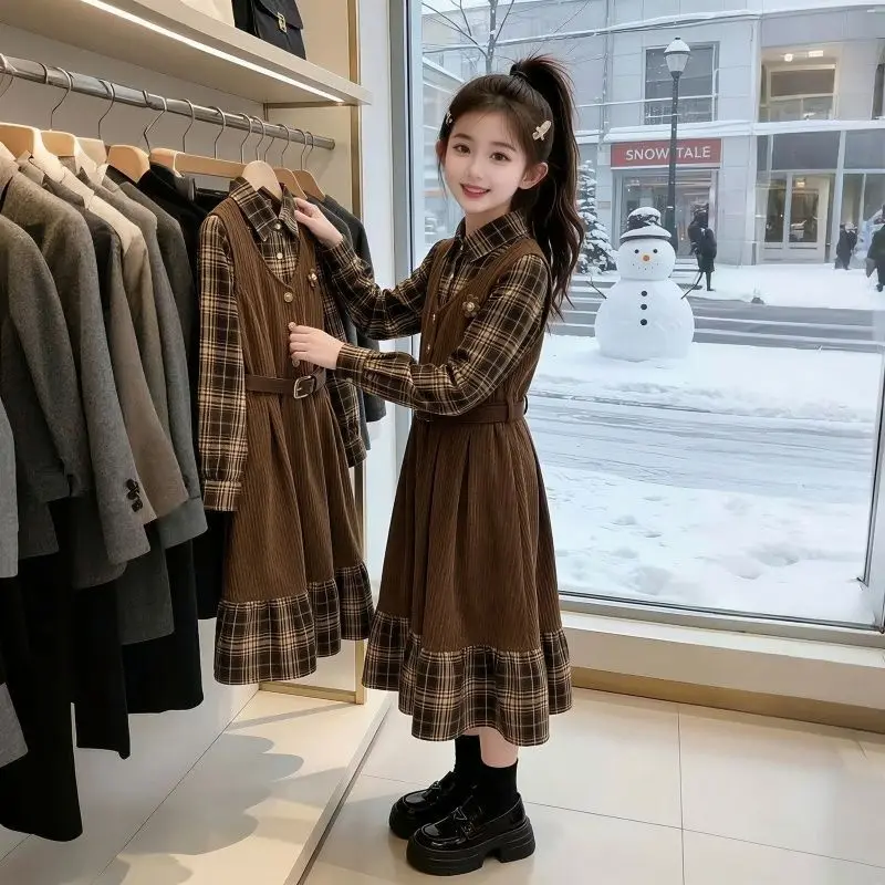 

Girls' Vintage Corduroy Long Sleeve Dress Spring Autumn New Style Children's Clothing Retro Dress for Big Kids