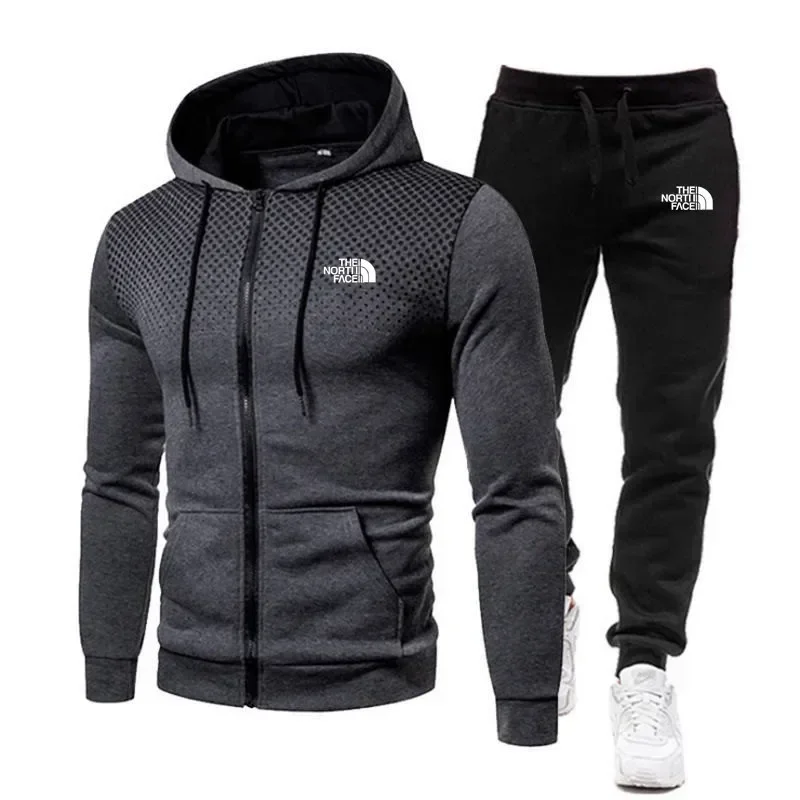 Autumn and winter new men's casual hooded sweatshirt sportswear, outdoor windproof men's zipper sweatshirt and pants 2-piece set