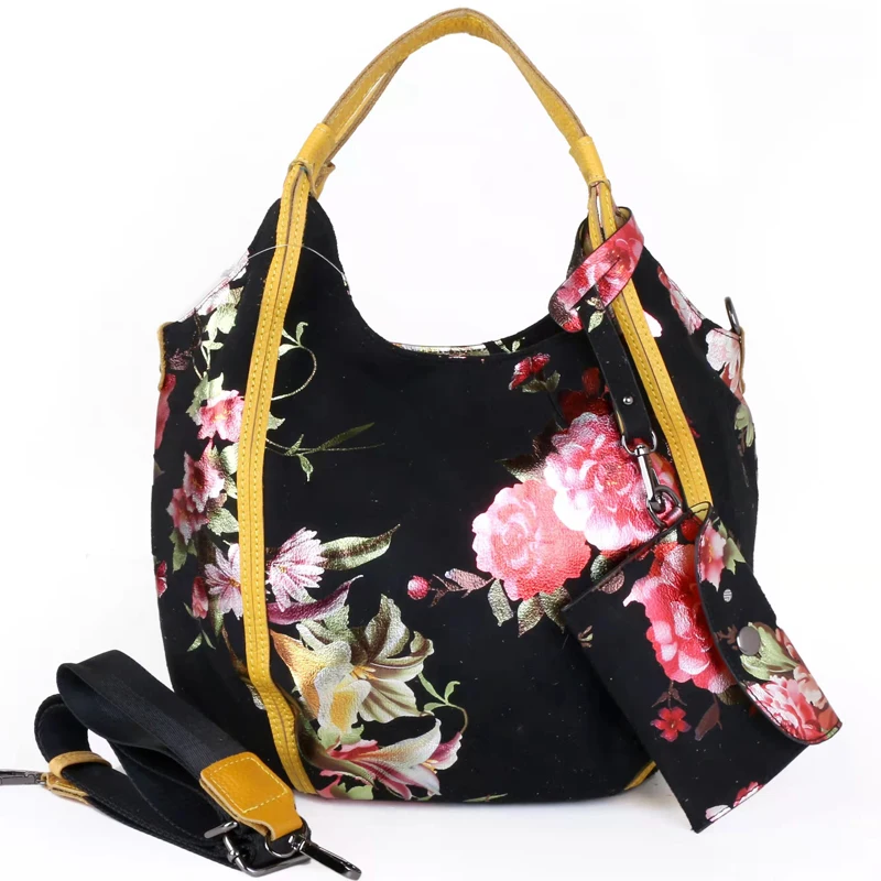 

Real Leather And Canvas Blocking Handbags Romantic Flower Star Designer New Fashion Tote Bags Female