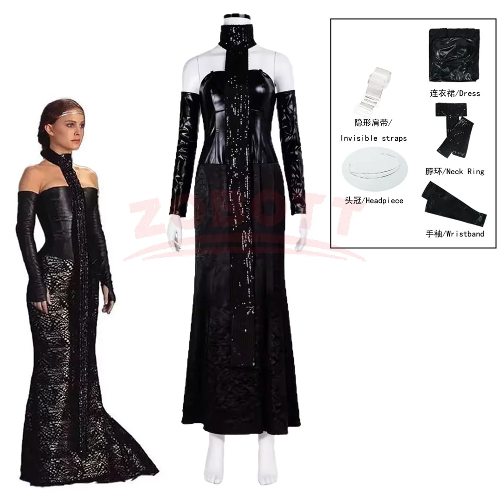 Damen Padme SW Film Cosplay Komplettset Gotisches Schwarzes Kleid mit Taillengürtel, Handschuhen und Kopfschmuck für Halloween und Karnevalspartys