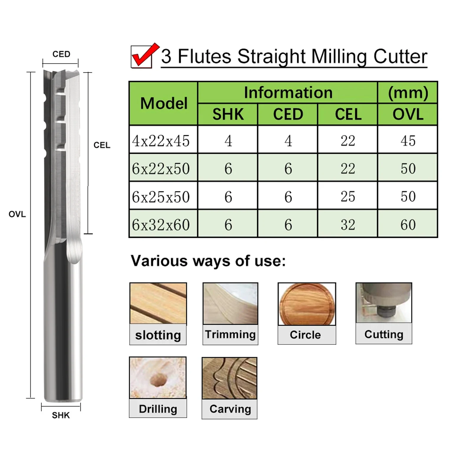 1 adet katı karbür düz End Mill 3 flüt freze kesicisi oyma ahşap CNC planya araçları için marangoz aracı keski kenar