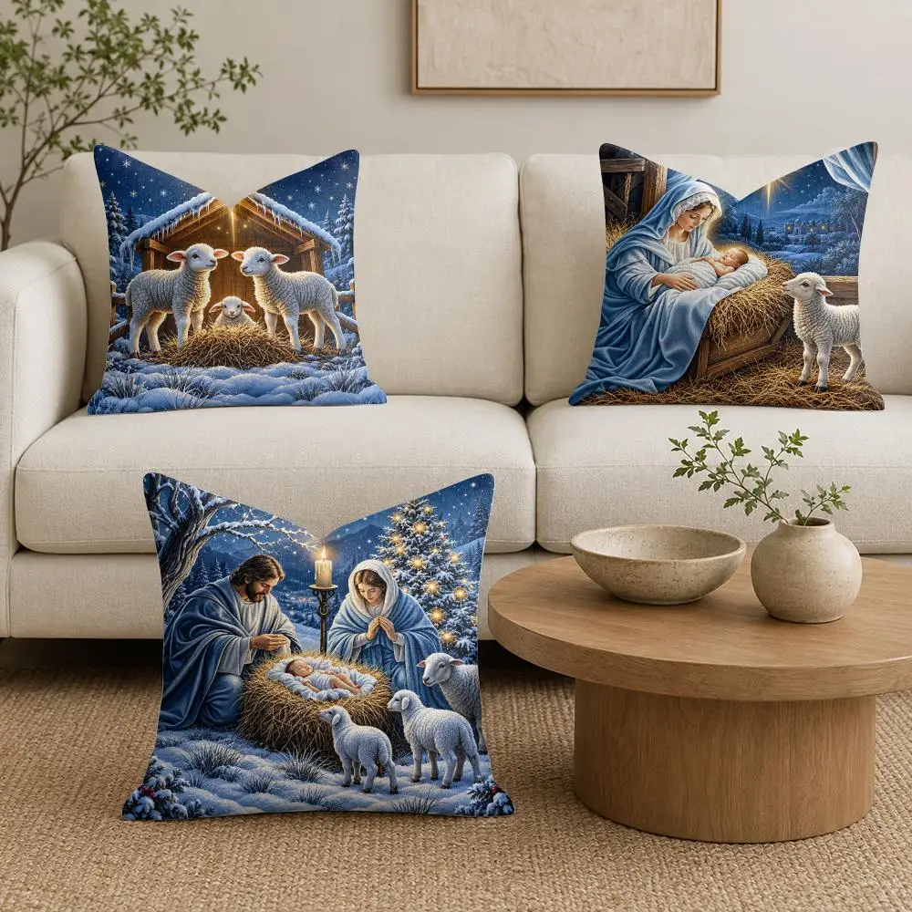 Nativity Winter Scene Cushion Cover Natural Linen Organic Fabric Double-Sided Printing Sofa Home Decor Gift Pillow Cover