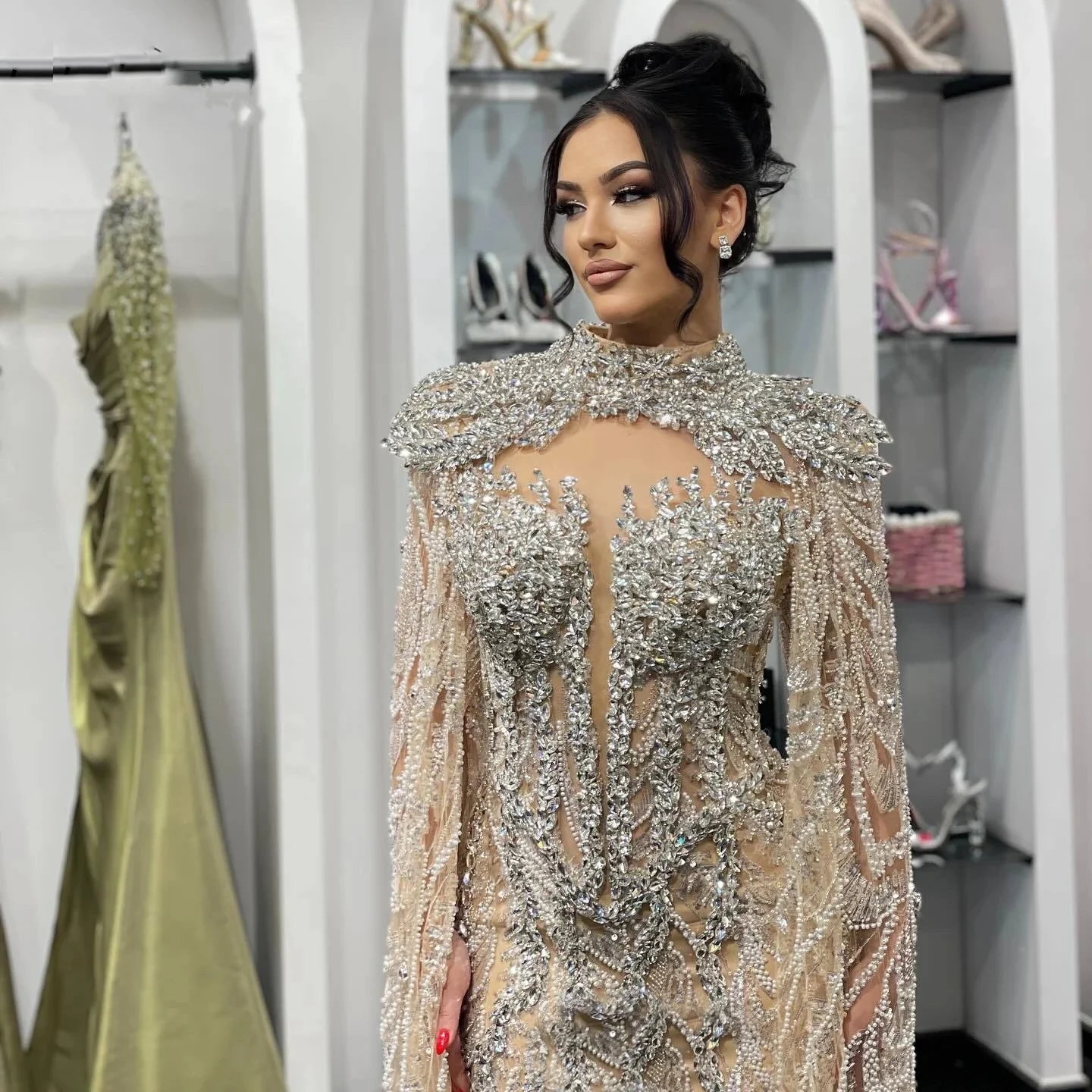 Luxe avondjurken kristallen veren galajurk strass strapless met cape illusie zeemeermin feestjurken vestidos de noche