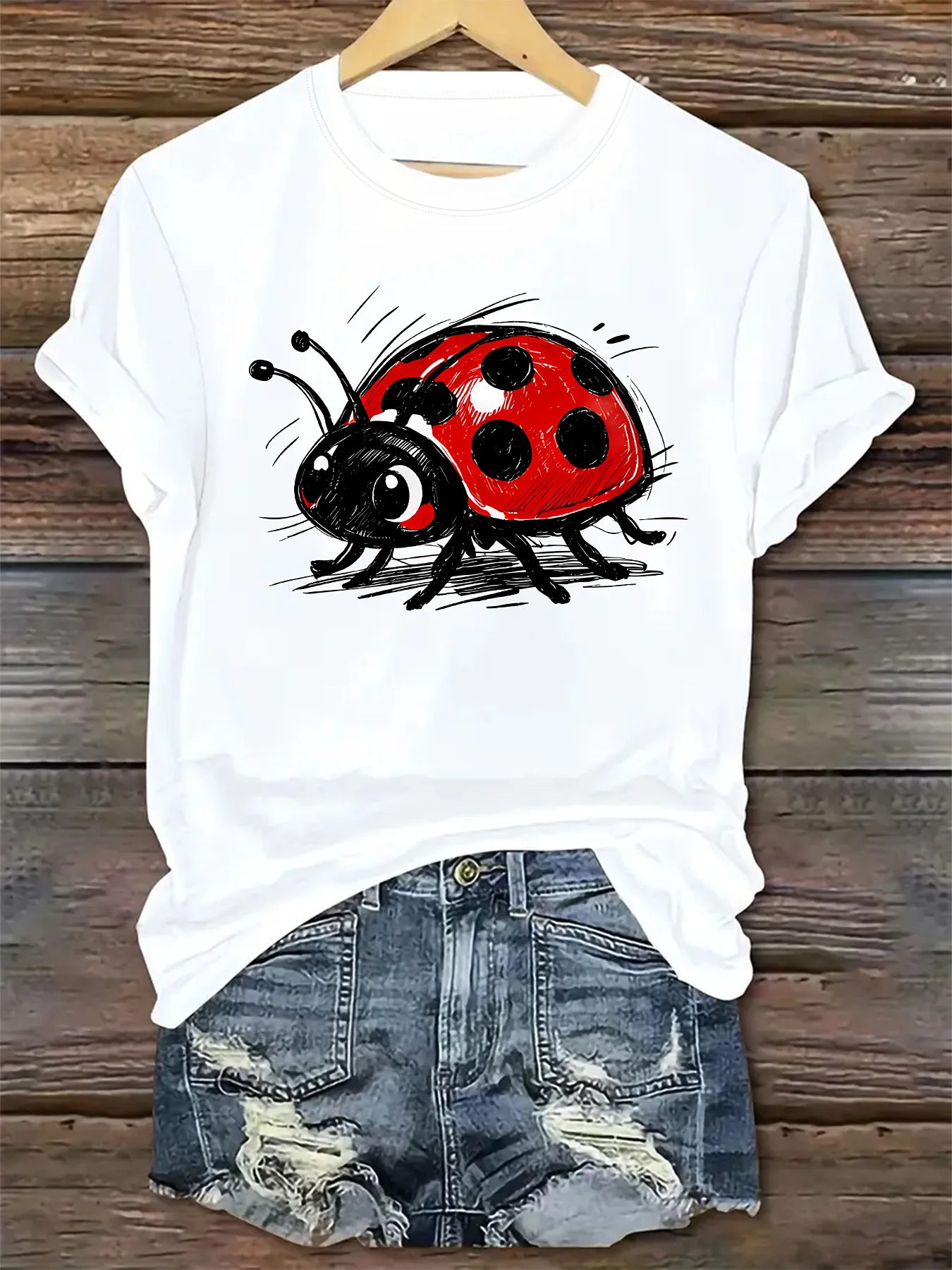 Women's Fashion Round Neck T-Shirt Easy Round Neck Short Sleeve T Shirt Fun Ladybug Print Casual Daily Tees Tops Clothes Female