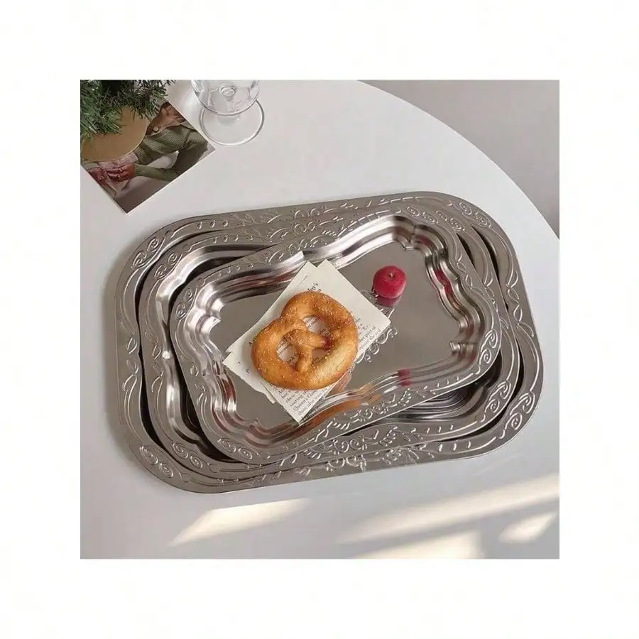 

French Stainless Steel Tray Coffee Cup Storage Rectangular Metal Retro Relief Pattern Dessert Tray Kitchen Decoration Accessorie