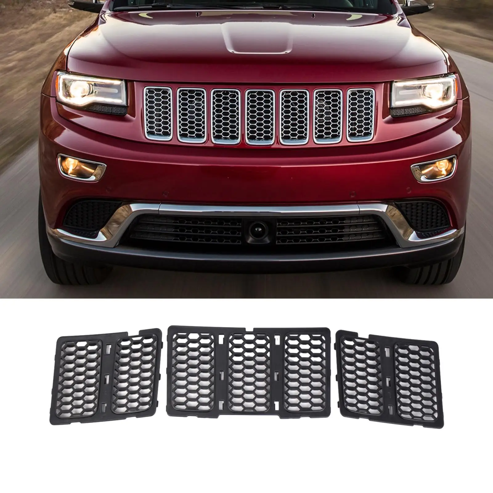 3Pcs Honeycomb Grille Inserts Mesh Grill Black for Jeep Grand Cherokee