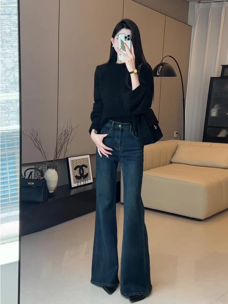 حجم كبير Fce اصطف ثي واسعة الساق الجينز المرأة الخريف الشتاء عالية الخصر التخسيس نحيل الجينز متوهج طماق