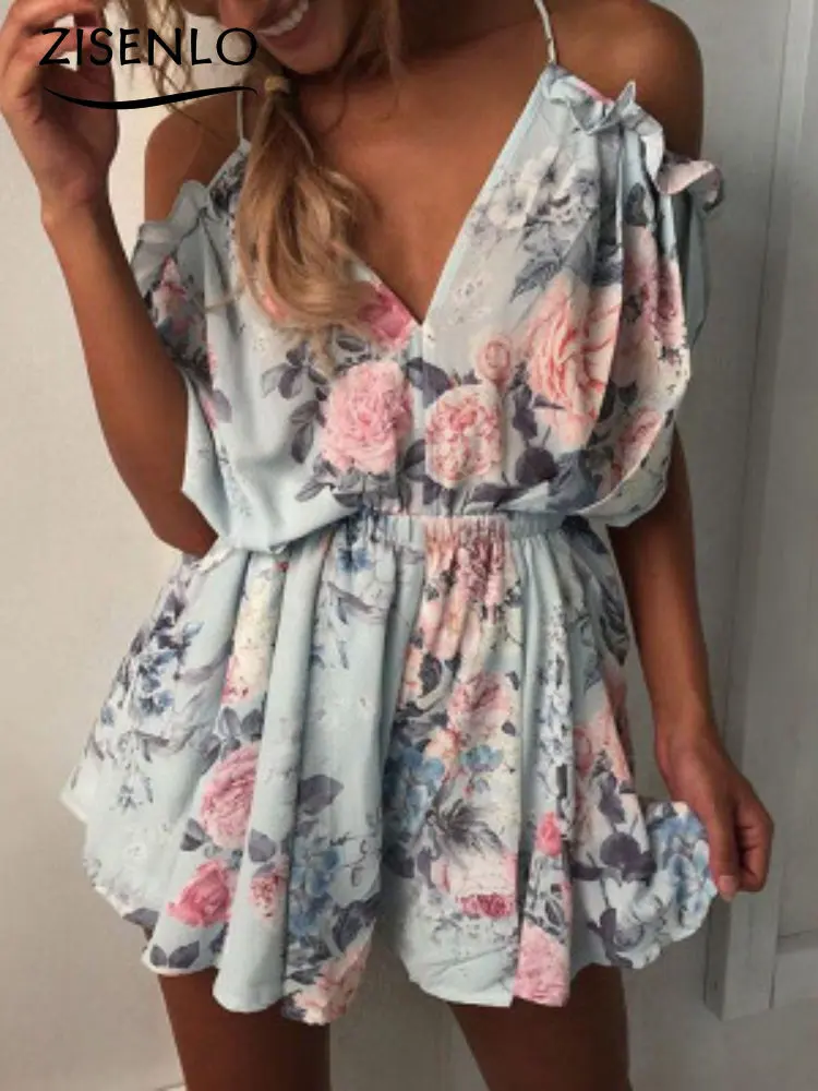 Jumpsuit Women Summer Ruffled Strapless V-neck Low-cut Strapless Jumpsuit Flower Print Elastic Waist Jumpsuit One Piece Outfit