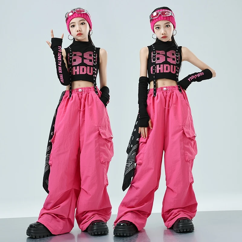 

Modern Kpop Jazz Dance Costume Girls Summer Hip Hop Clothing Crop Tops Pink Cargo Pants Performance Outfits Stage Wear BL14915