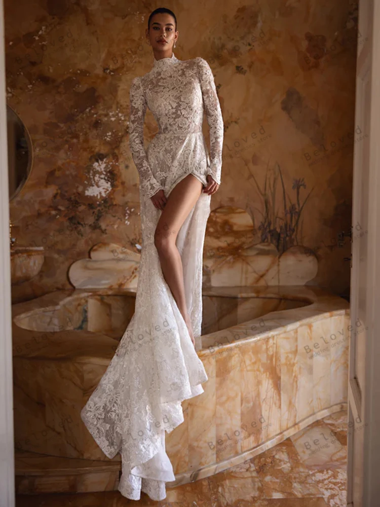華やかなウェディングドレス ヴィンテージブライダルドレス レースティアードローブ セクシーなハイスリットフルスリーブ Vestidos De Novia カスタマイズ 2025