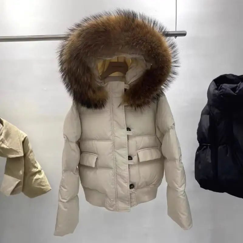 

YYAHAS Американская мода с большим меховым воротником, короткий однотонный пуховик для женщин, свободная зимняя новая куртка на 2025 год