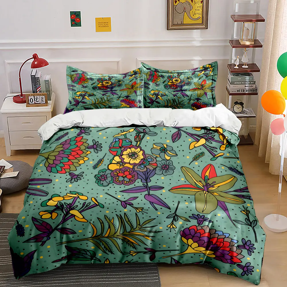 

Colorful flowers with dotted background Pattern Duvet Cover Set Digital Print Colorful Polyester Bedding with Zipper Closur