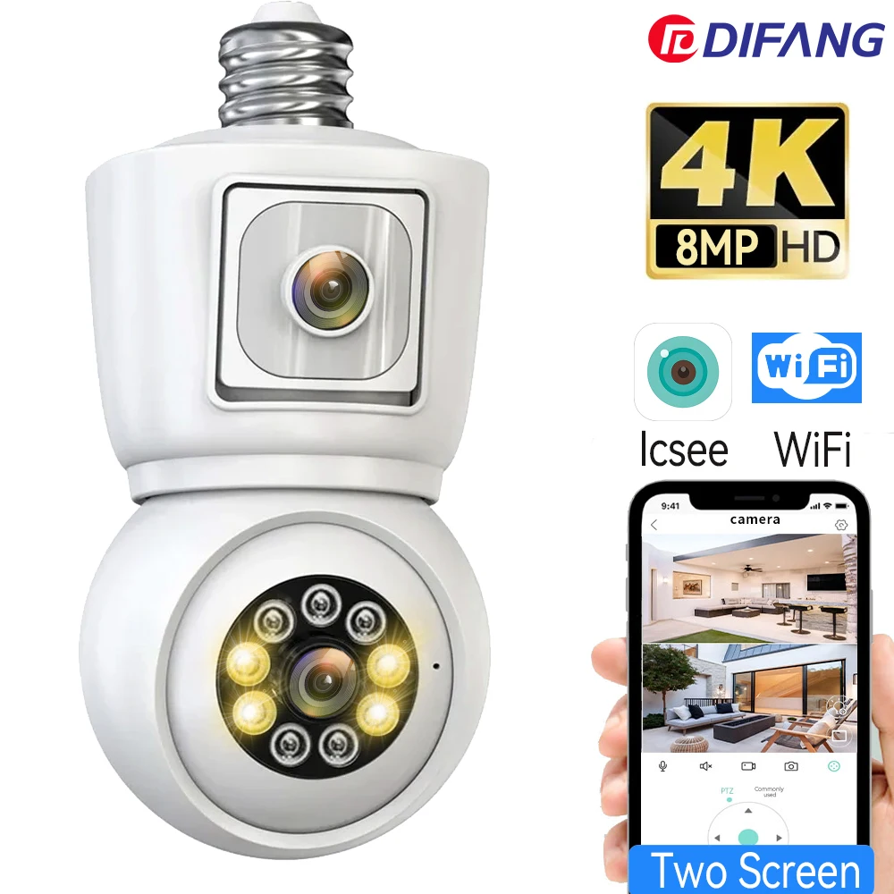 

4K 8MP Bulb WiFi Camera Dual Lens Dual Screen 360° Panoramic View PTZ CCTV Mini Baby Monitor Bulb Surveillance Camera Icsee