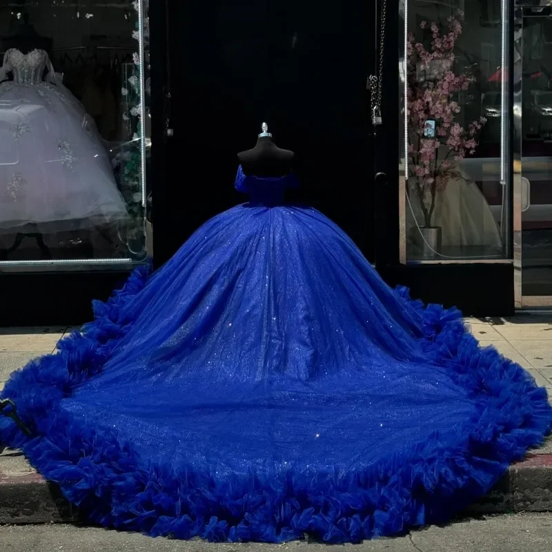 Azul real quinceanera vestidos para 15 anos de idade fora do ombro contas tull em camadas doce 16 vestidos 15 de fiesta personalizado