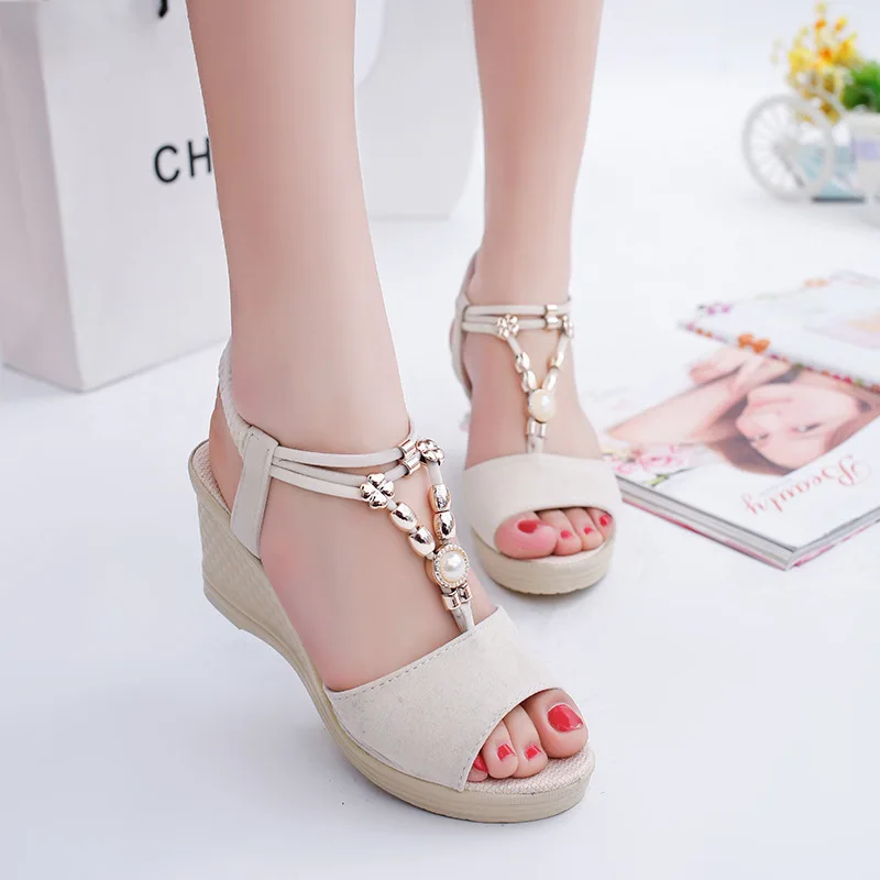 

Fish-mouthed Women's Sandals Midheel Breathable Woman Shoes Trendy Slope Heeled Women Sandals Open Toed Beaded Sandals for Women