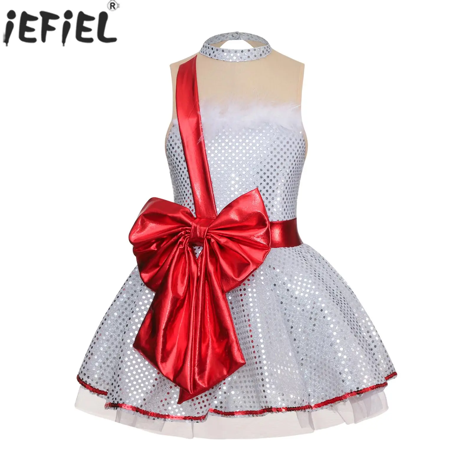 Children Girls Christmas Ballet Dance Skating Cha-cha Leotard Dress Xmas Santa Elf Costume Sleeveless Bow Sequin Mesh Tutu Dress