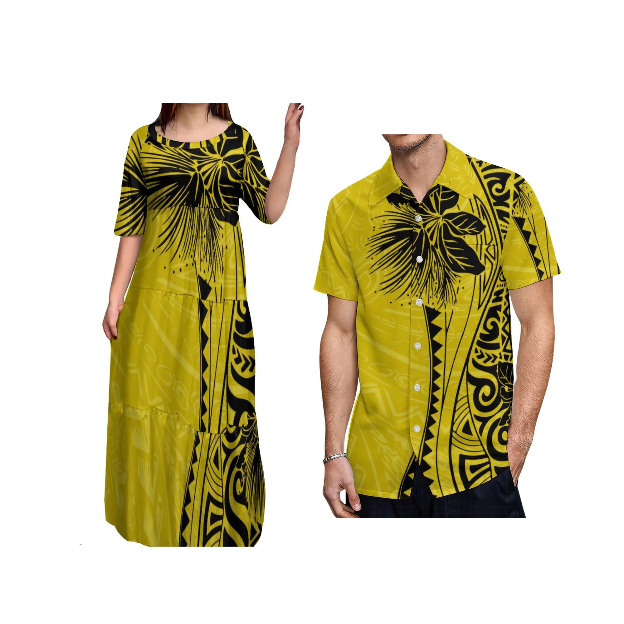 Best Price Wholesale Custom Flower Printing Hawaiian Dress Half Sleeve Long Ruffles Tiered Dresses Polynesian Dress