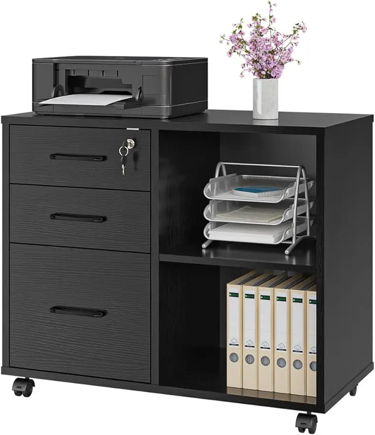 

3 Drawer Office File Cabinets, Mobile Lateral Printer Stand with Open Storage Shelf, Rolling Filing Cabinet with Wheels