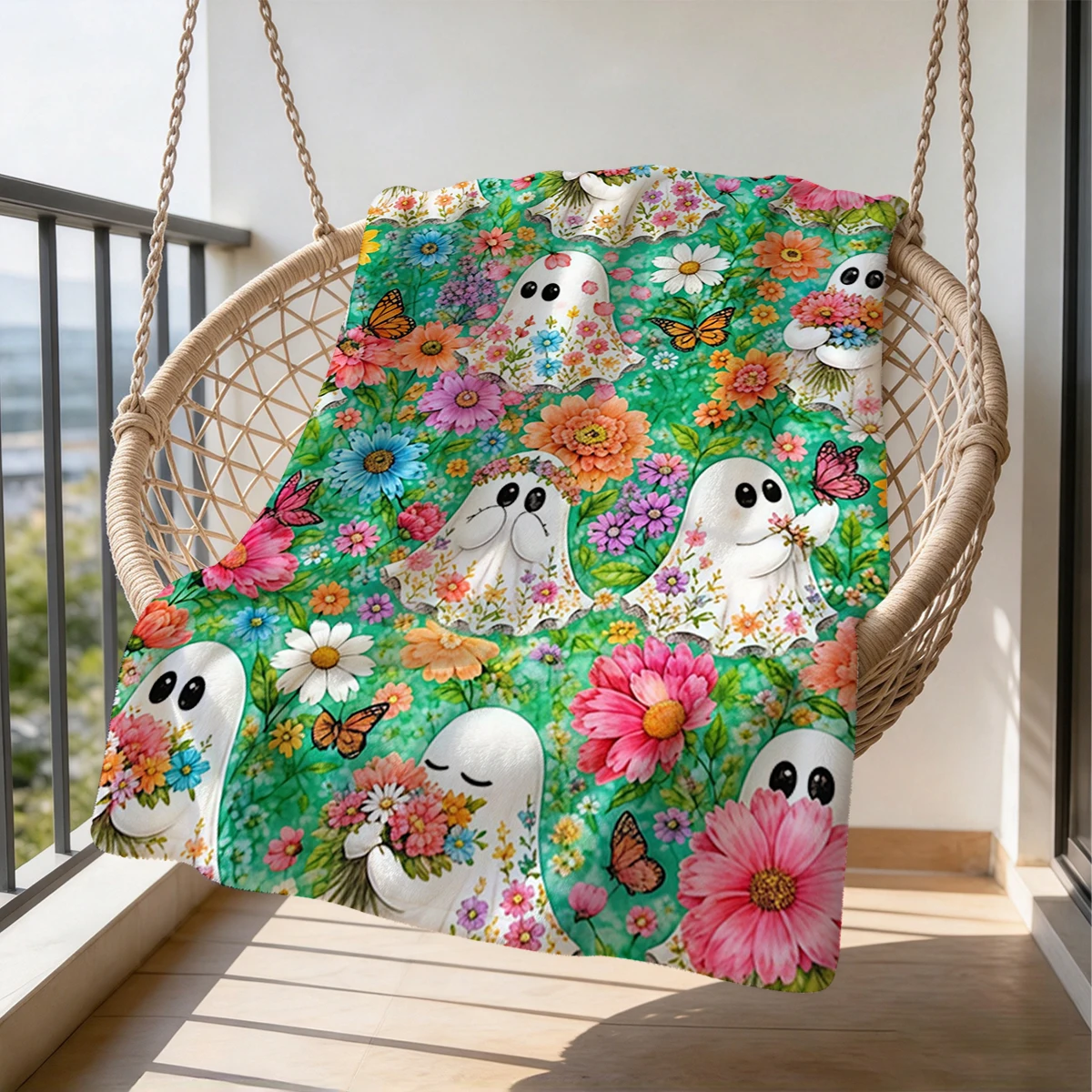 Green Floral Ghosts Bouquets Flannel Blanket Warm Soft Halloween Christmas Couch Warm Cozy Decorative Decor Gift for All Season