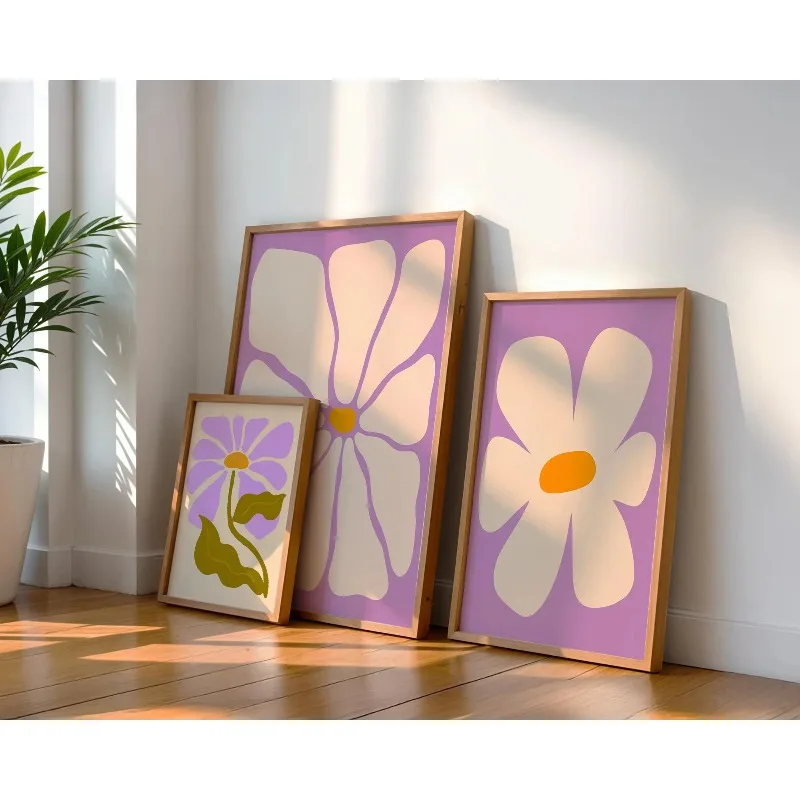 3PCS Large-sized frameless canvas paintings,Set of 3 Mid Century Modern Daisy Prints | Purple Flower Power Poster Set, 70s Hippi