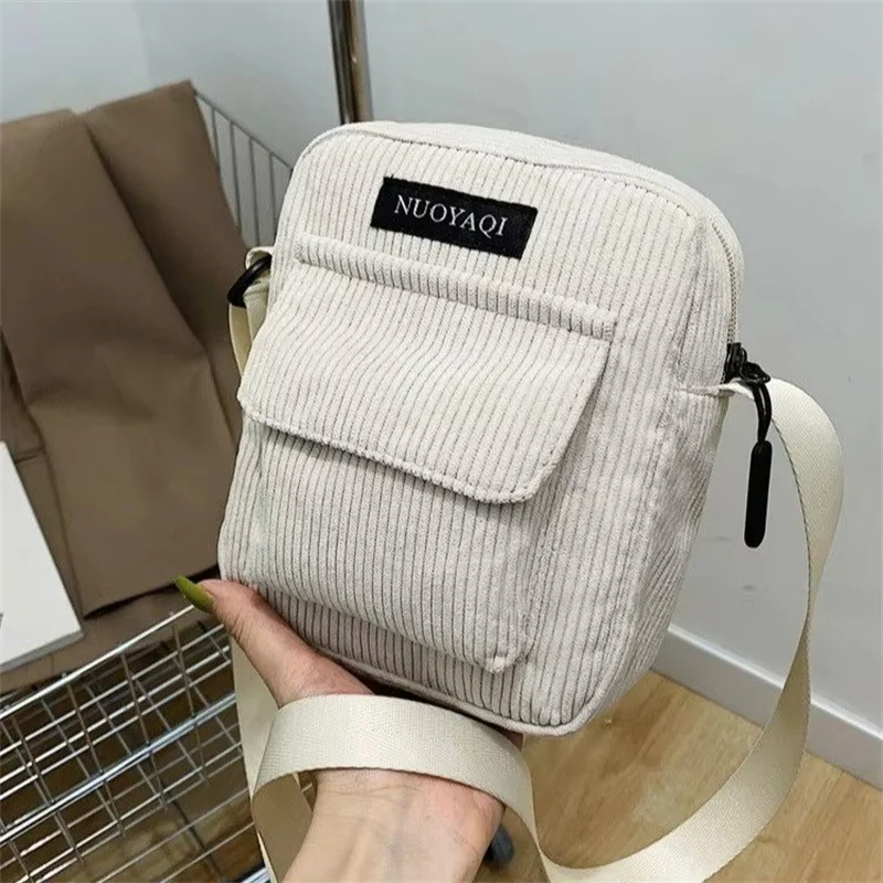 Women Corduroy Shoulder Bags Striped Cloth Fabric Handbags Casual Zip Tote Canvas Crossbody Bag Cute Shopping Bag for Ladies