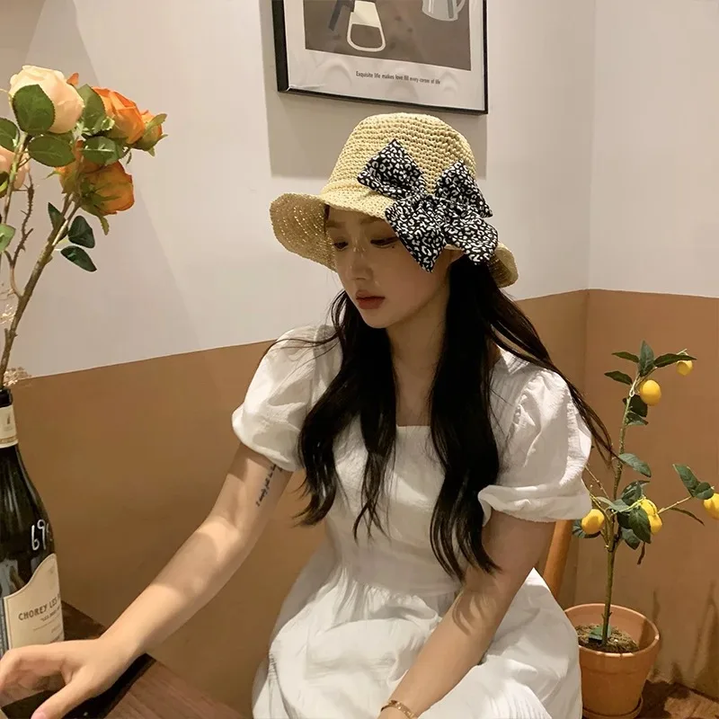 الصيف شاطئ القوس اللؤلؤ القش قبعة المرأة قناع قبعة بحافة صياد قبعة اليد النسيج بنما فتاة السفر شاطئ البحر الحماية من الشمس #5